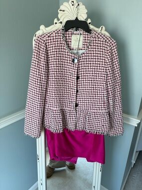 Pink Tweed Jacket with Fringe Trim and magenta paper bag waist skirt